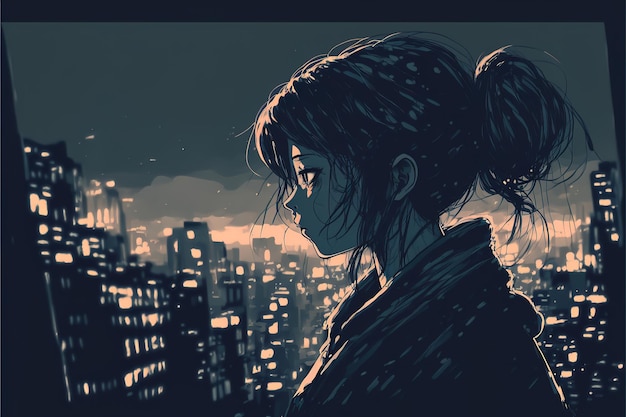 Cute Anime woman looking at the cityscape by night time A sad moody Manga lofi style