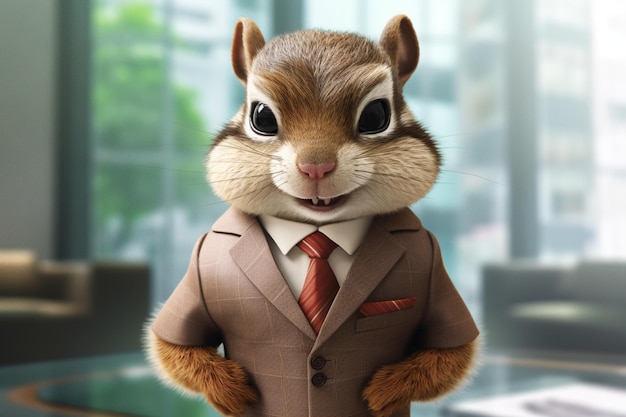 Photo cute anthropomorphic chipmunk in a businessman suit generative ai