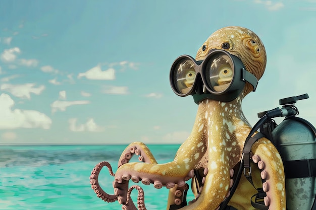 Cute anthropomorphic octopus preparing from scuba diving like human