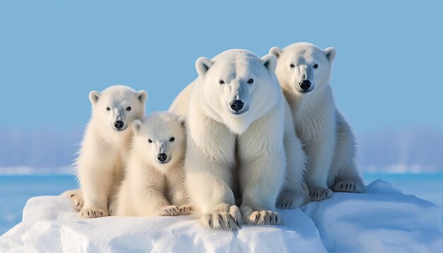 Photo cute arctic animals playing on ice looking at camera generated by ai