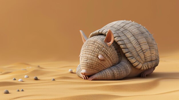 Photo cute armadillo sleeping in the desert 3d rendering