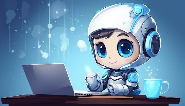 Photo cute artificial intelligence robot with a notebook open in front of it