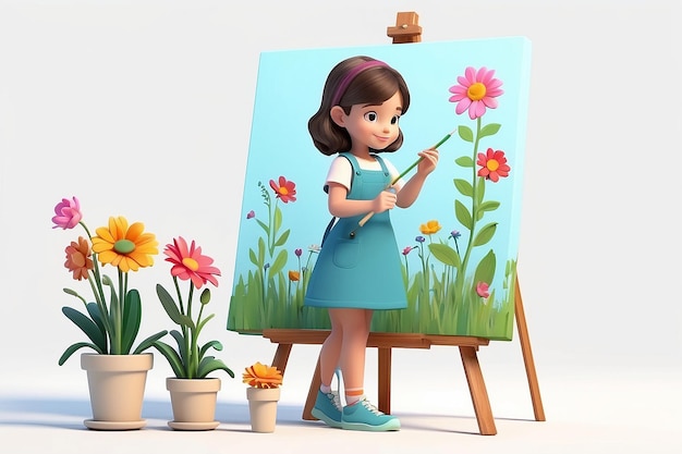 Cute artist girl painting flower on canvas isolated vector