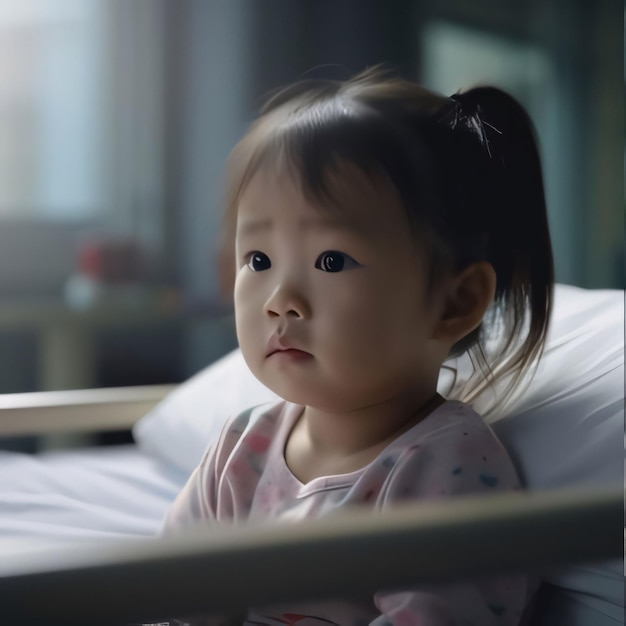 Cute asian baby girl sitting on the bed and looking up