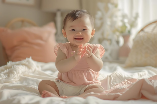 写真 寝室のベッドで遊ぶ可愛いアジアの赤ちゃん