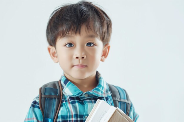 사진 색 배경의 책을 가진 귀여운 아시아 소년 교육 개념