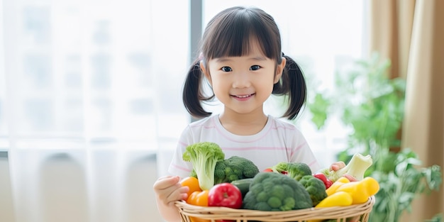 야채 바구니를 들고 있는 귀여운 아시아 소녀는 부모와 함께 요리를 준비합니다.