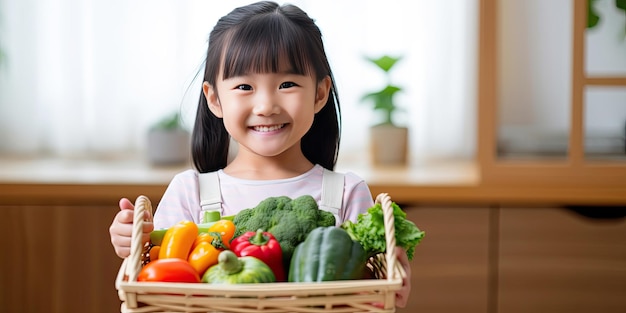 야채 바구니를 들고 있는 귀여운 아시아 소녀는 부모와 함께 요리를 준비합니다.