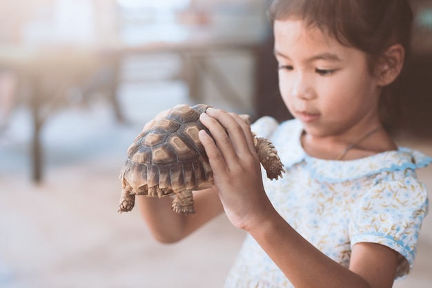 Симпатичные Азии девочка держит и играет с черепахой