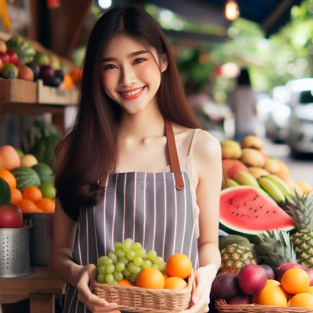 귀여운 아시아 여자 농부 신선한 식품 시장에서 여성 스탠드 소유자