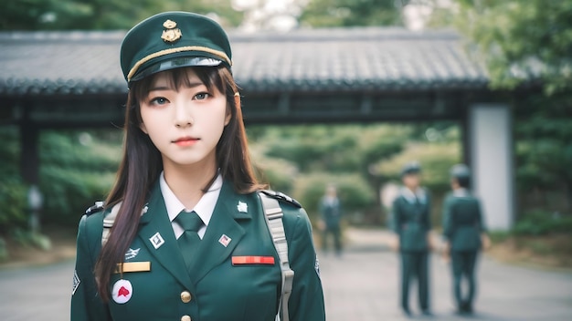 사진 군복을 입은 귀여운 아시아 소녀 배경