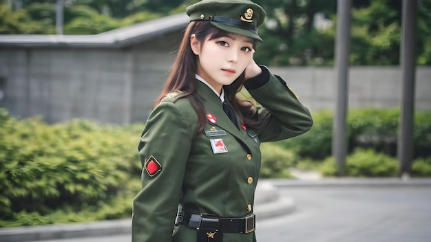 写真 軍服を着た可愛いアジア人女の子の背景