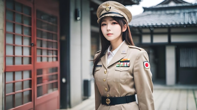 写真 軍服を着た可愛いアジア人女の子の背景