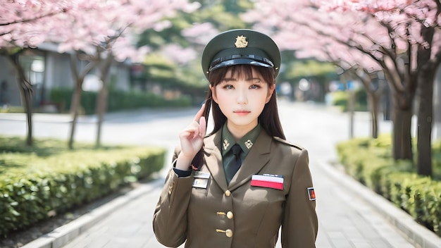 写真 軍服を着た可愛いアジア人女の子の背景