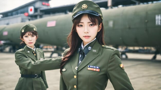 Photo cute asian girl in military suit background