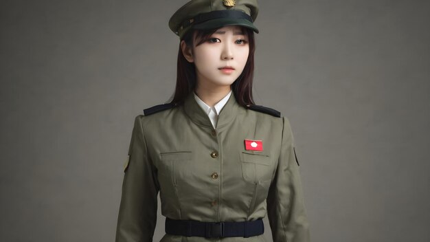 Photo cute asian girl in military suit background