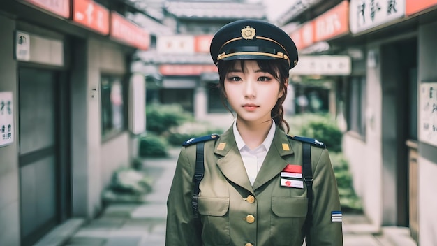 Foto carina ragazza asiatica in tuta militare sullo sfondo