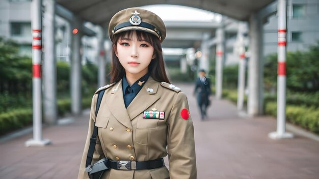 Photo cute asian girl in military suit background