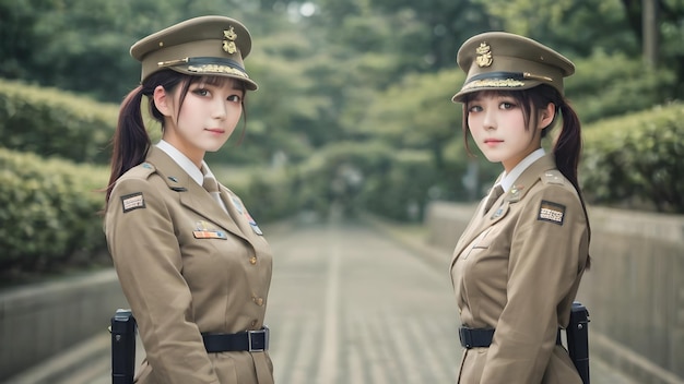 軍服を着た可愛いアジア人女の子の背景