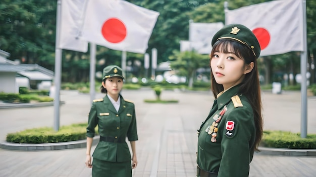 Foto carina ragazza asiatica in tuta militare sullo sfondo