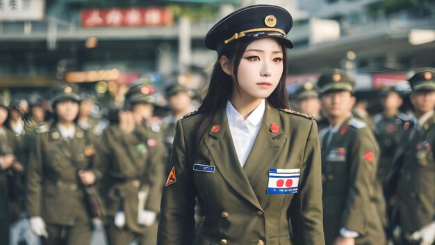 Photo cute asian girl in military suit background