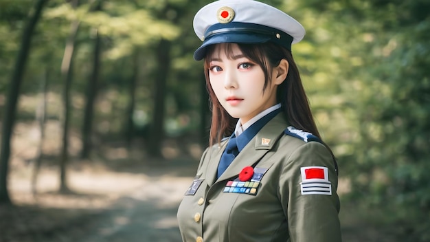 Cute Asian Girl In Military Suit Background