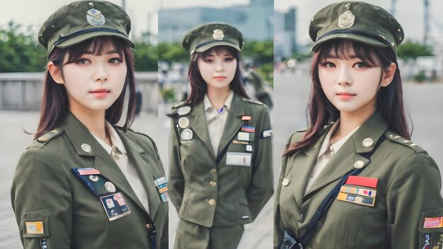 Photo cute asian girl in military suit background