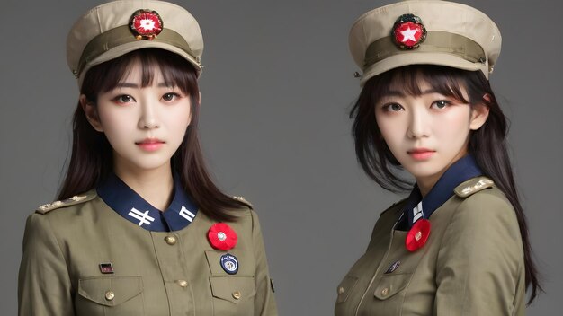 Cute Asian Girl In Military Suit Background