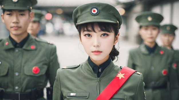 Photo cute asian girl in military suit background