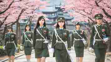 Photo cute asian girl in military suit background