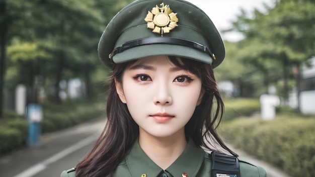 Photo cute asian girl in military suit background