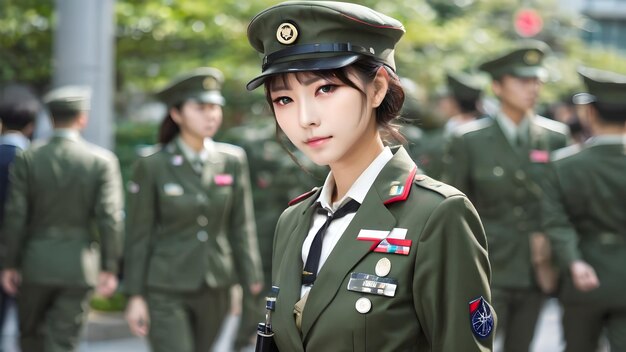 Photo cute asian girl in military suit background