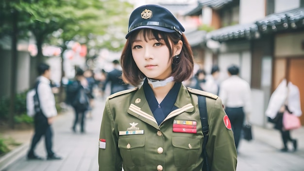 군복을 입은 귀여운 아시아 소녀 배경