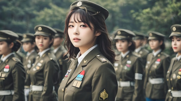 Foto carina ragazza asiatica in tuta militare sullo sfondo