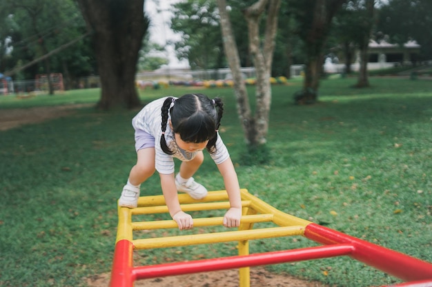 Cute asian girl play on school or kindergarten yard or playground Healthy summer activity for children Little asian girl climbing outdoors at playground Child playing on outdoor playground