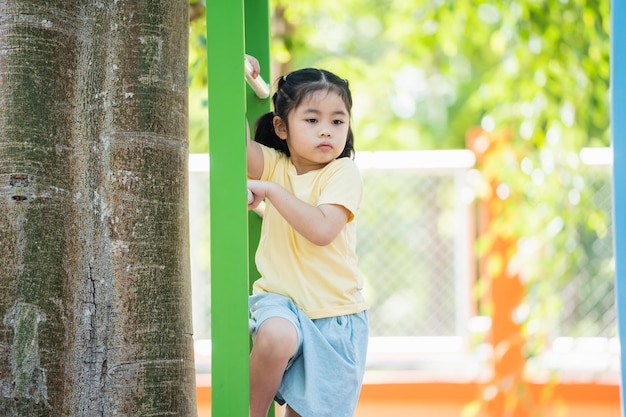 Cute asian girl smile climbing ladder and play on school or kindergarten yard or playground Healthy summer activity for children Little asian girl funny happy Child playing on outdoor playground