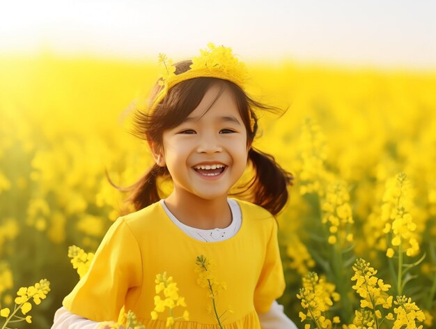 アジアの可愛い女の子が近距離で微笑んで 黄色い花がく草原を歩いています 春です