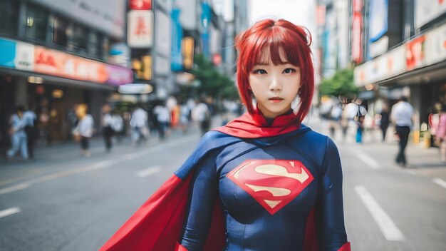 写真 キレイなアジア人女の子 スーパーヒーローの背景 とてもカッコいい