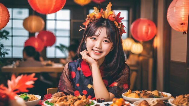 Cute Asian Girl in Thanksgiving Party background