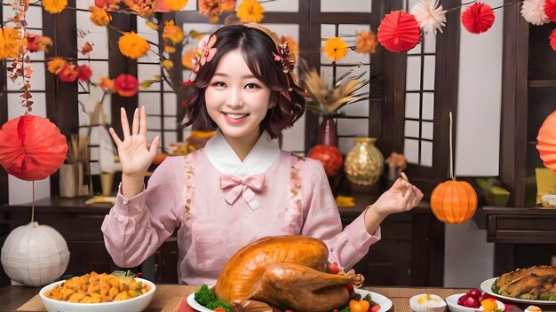 Photo cute asian girl in thanksgiving party background