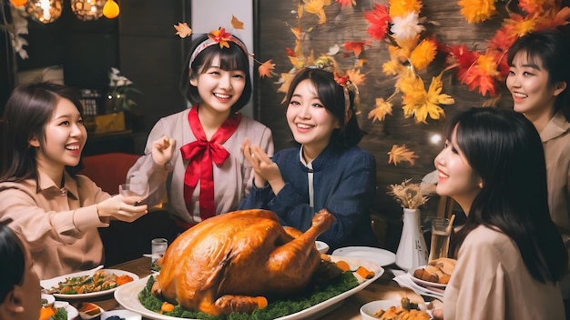 Photo cute asian girl in thanksgiving party background