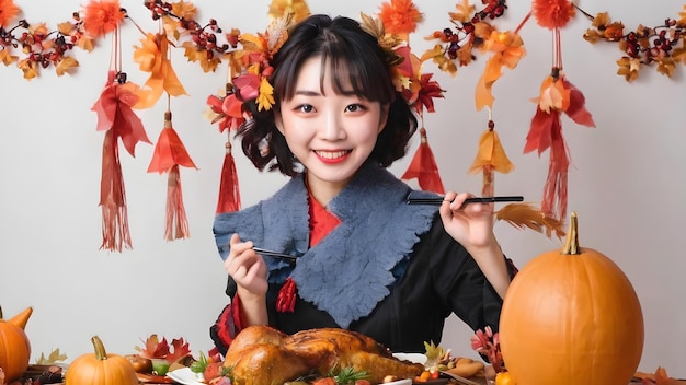 Cute asian girl in thanksgiving party background