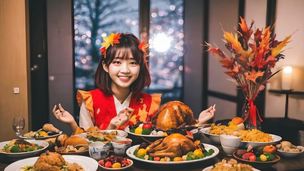 Photo cute asian girl in thanksgiving party background