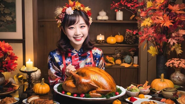 Photo cute asian girl in thanksgiving party background