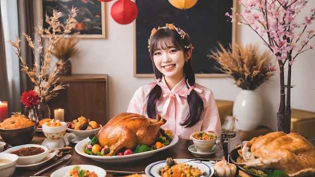 Photo cute asian girl in thanksgiving party background