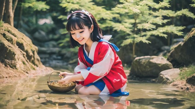 Cute Asian Girl With Treasure Background