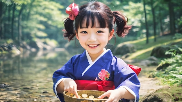 写真 宝物の背景を持つ可愛いアジアの女の子