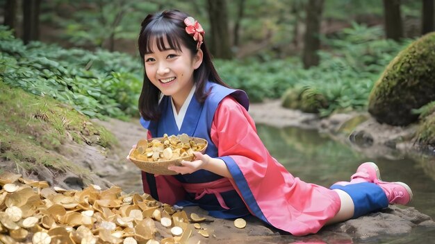 Photo cute asian girl with treasure background
