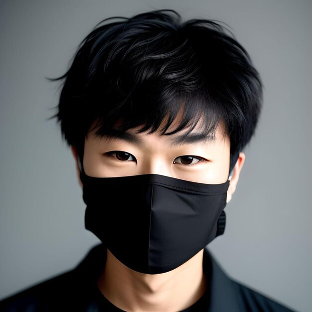 Cute Asian Guy with Black Outfits and Mask Looking at Camera Isolated on Grey