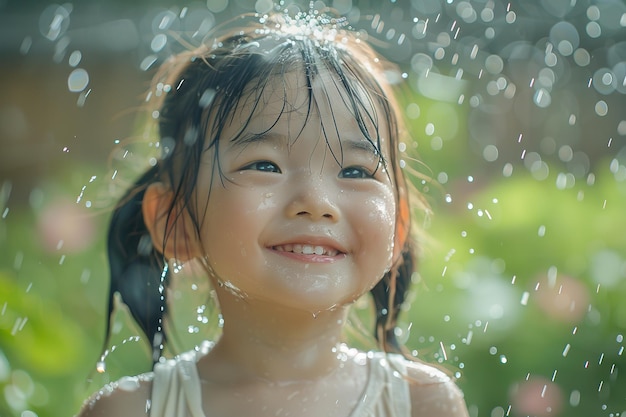 A cute Asian little girl enjoying rain outside in field with a big space for text or product advertisement Generative AI